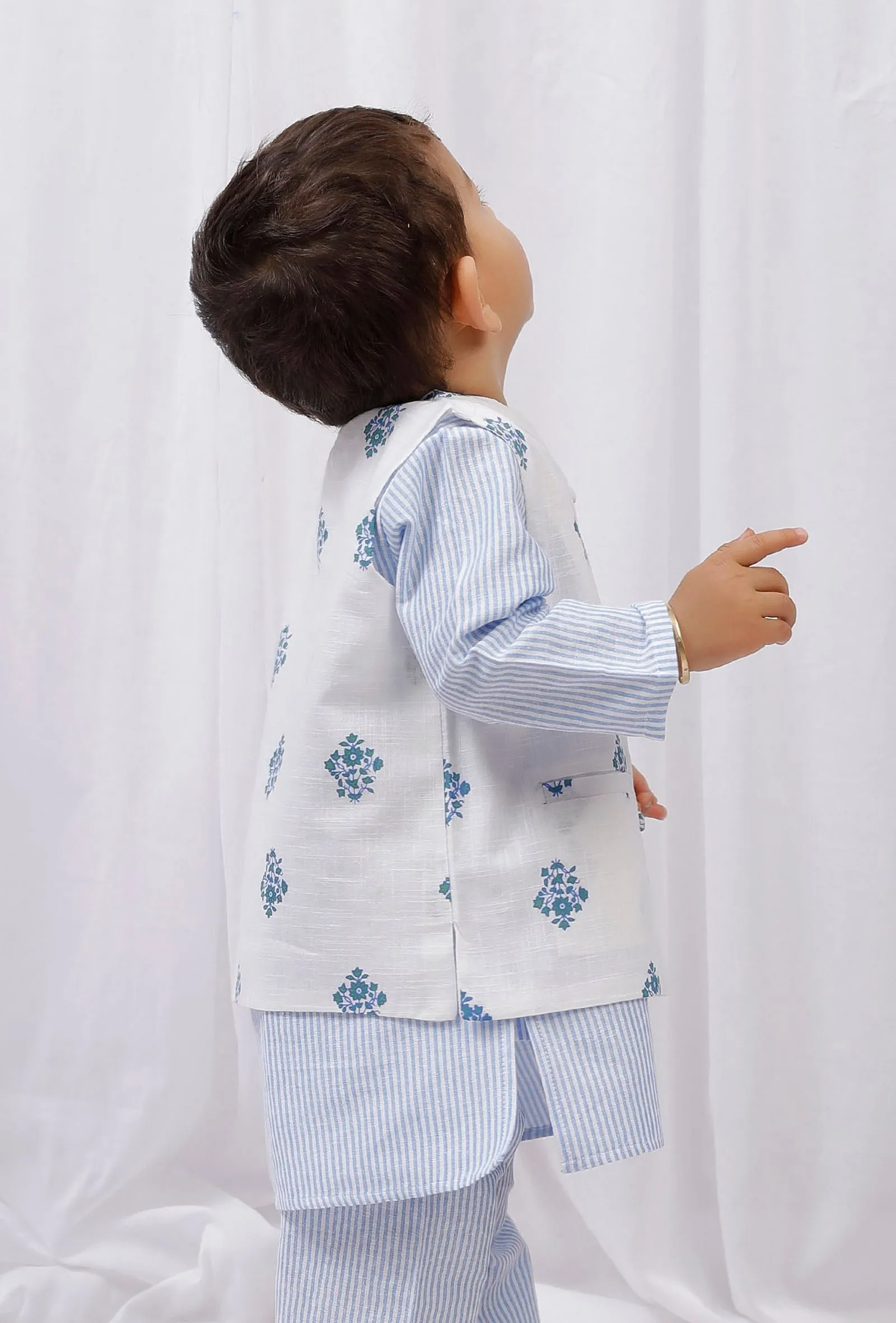 Blue Block Printed Floral Nehru Jacket