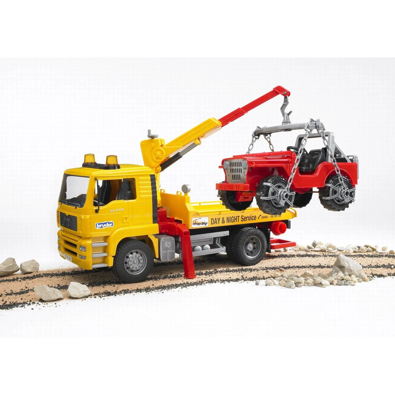 Bruder MAN TGA Tow Truck with Cross Country Vehicle