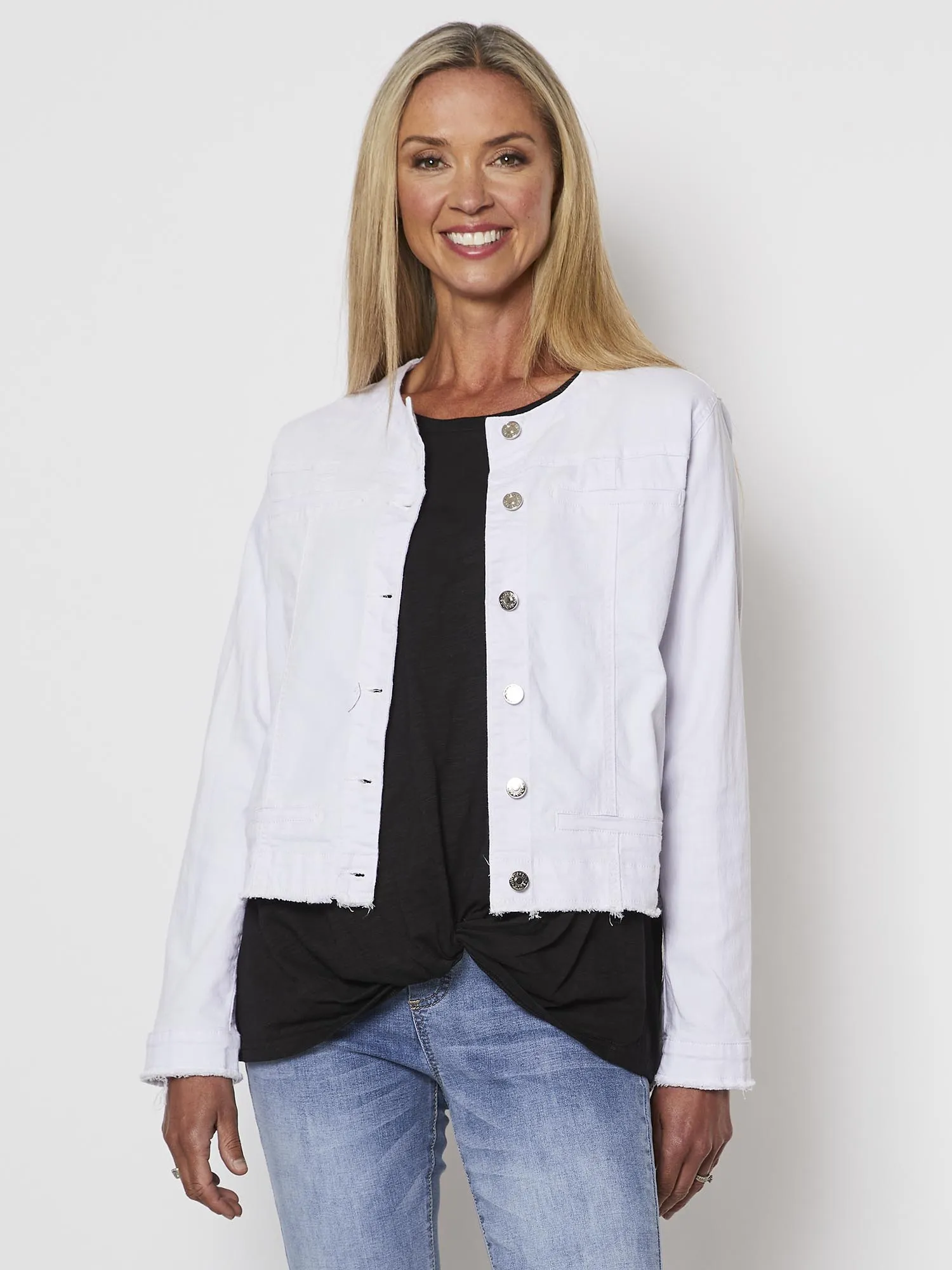 Collarless Frayed Hem Denim Jacket - White