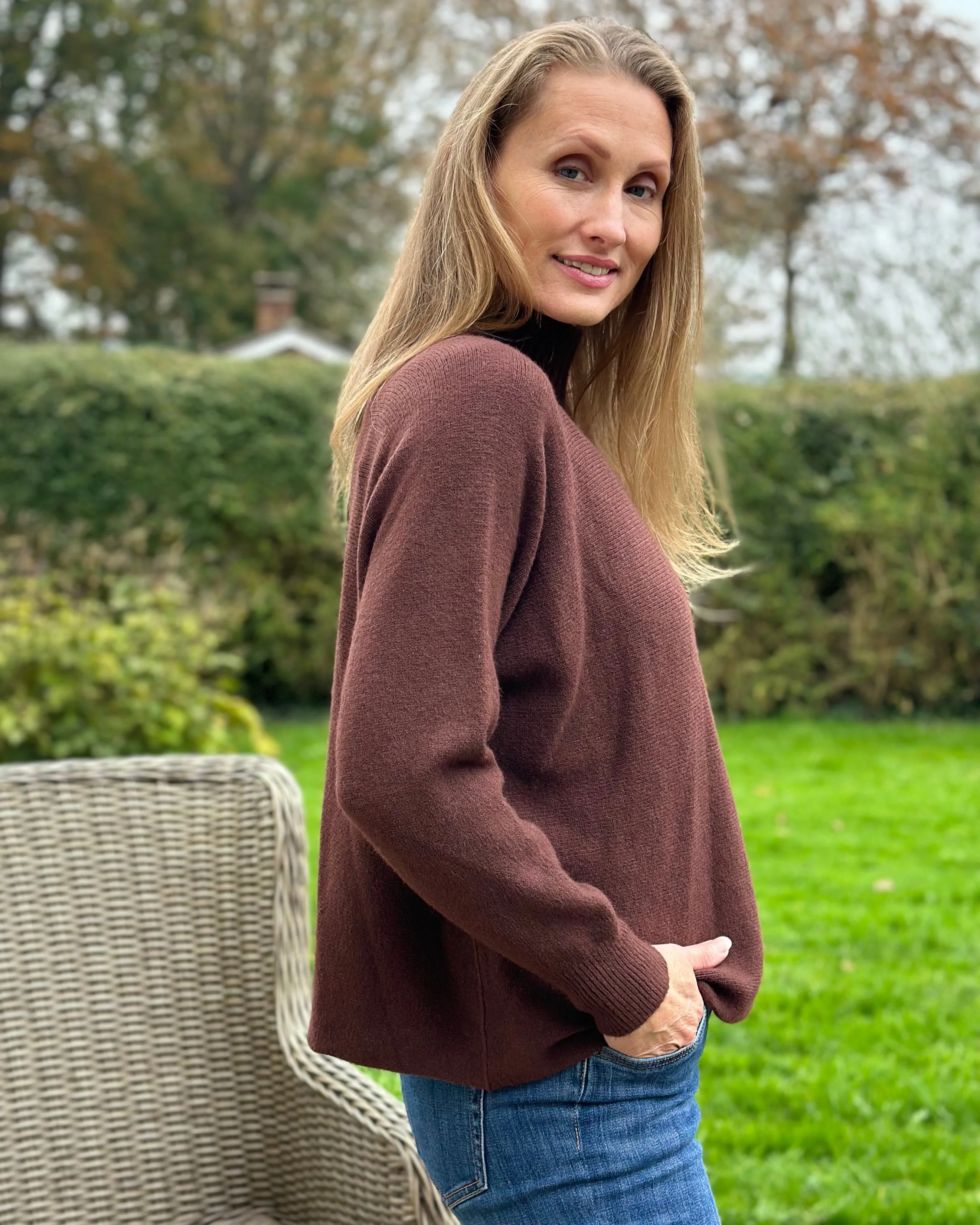 Funnel Neck Soft Knit Long Sleeve Jumper - Chocolate Brown