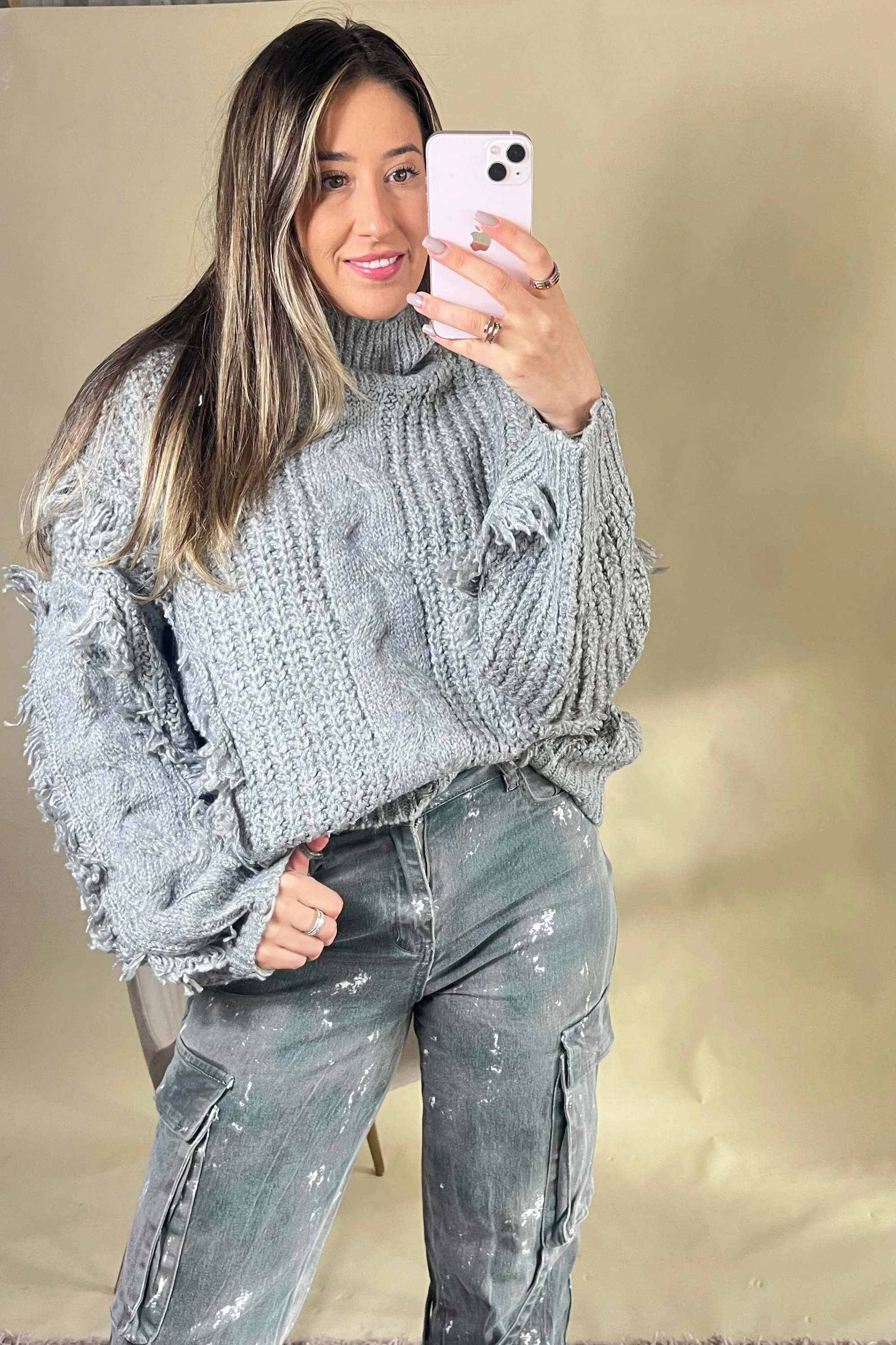 Grey distressed tassel jumper