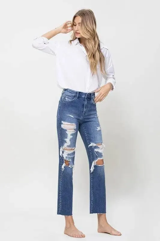 High Rise Straight Distressed Jeans