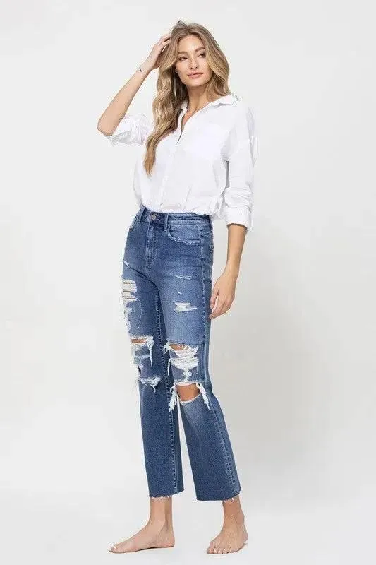 High Rise Straight Distressed Jeans