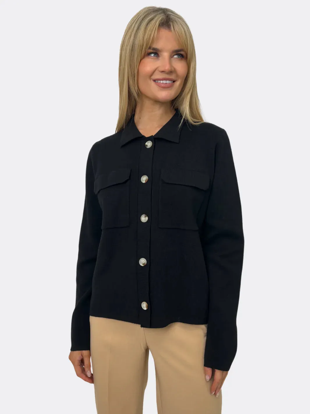 Kate And Pippa Dani Knit Cardigan with collar. Black Pink Navy