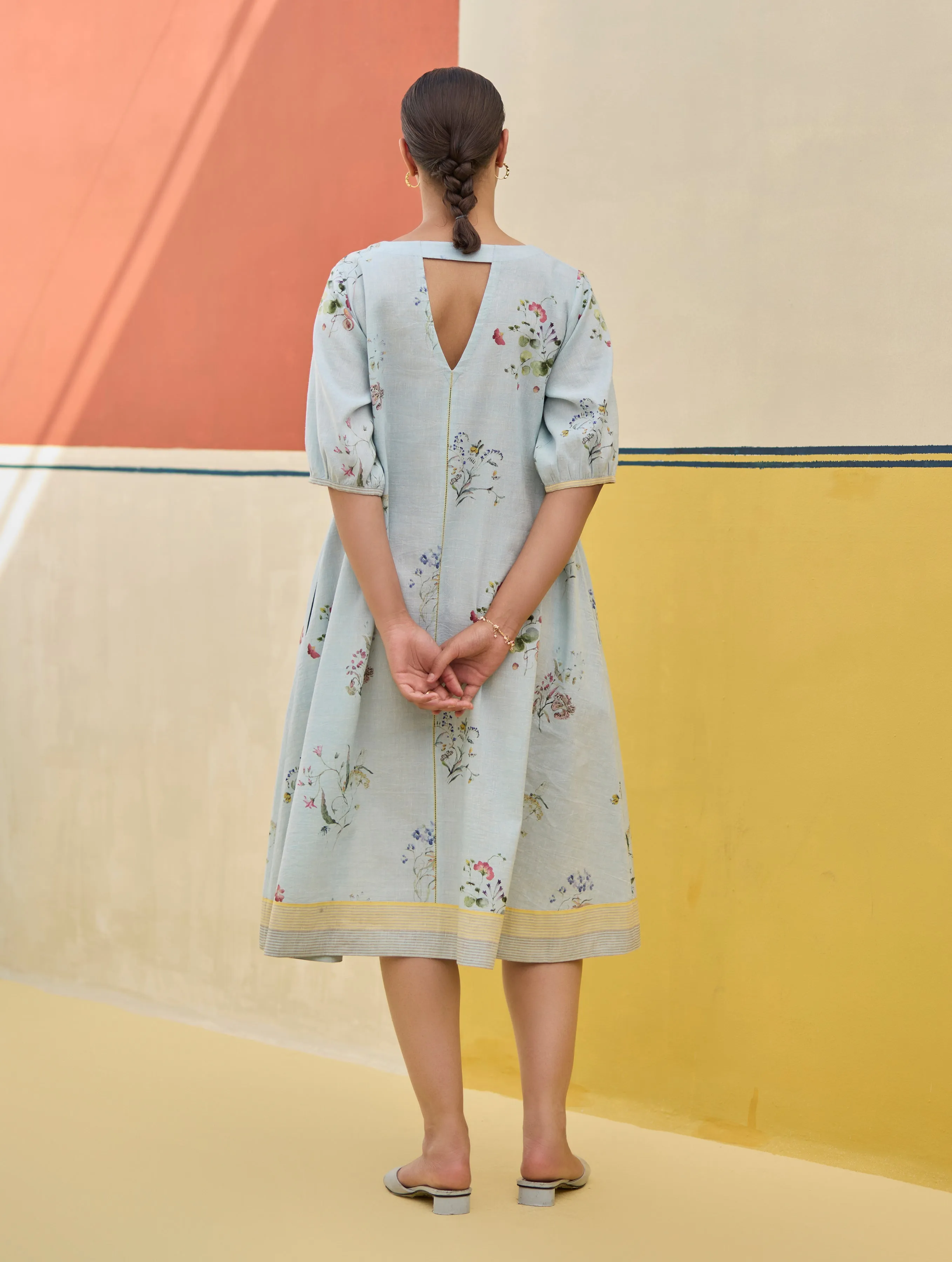 Kaya Floral Linen Dress With Overlay - Sky