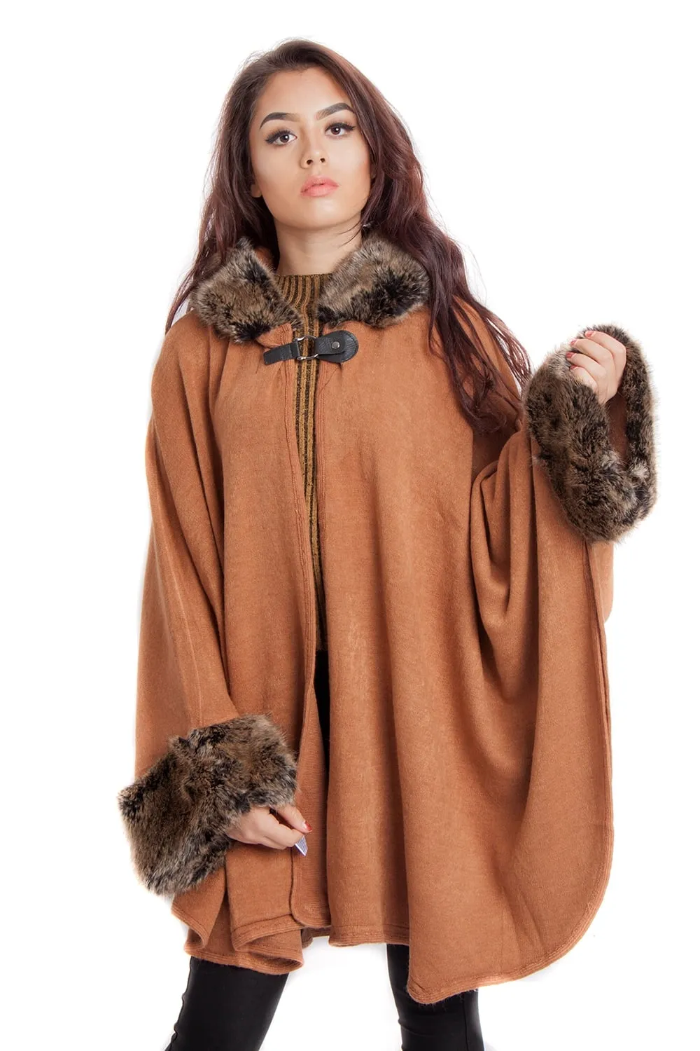 Knitted Faux Fur Trim Hooded Swing Poncho Cape