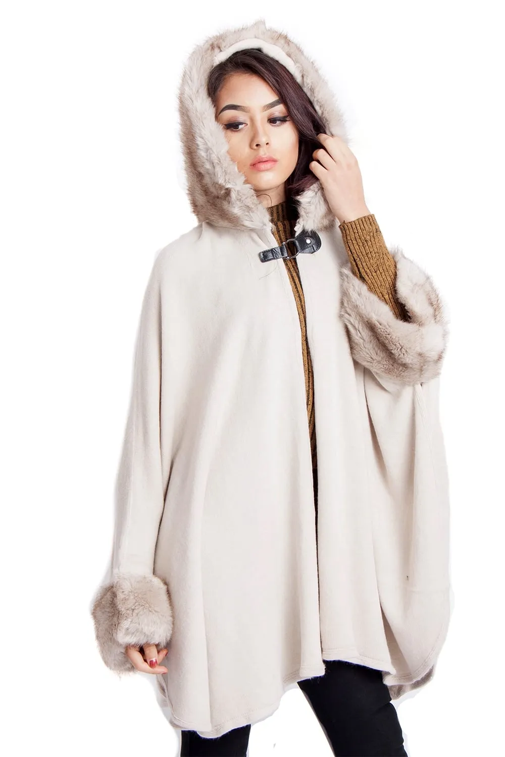 Knitted Faux Fur Trim Hooded Swing Poncho Cape