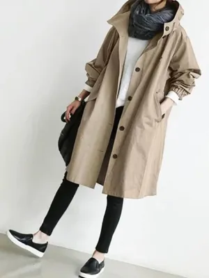 Korean Fashion Hooded Medium Long Casual Solid Color Pocket Long Sleeve Autumn Winter Stylish Coat