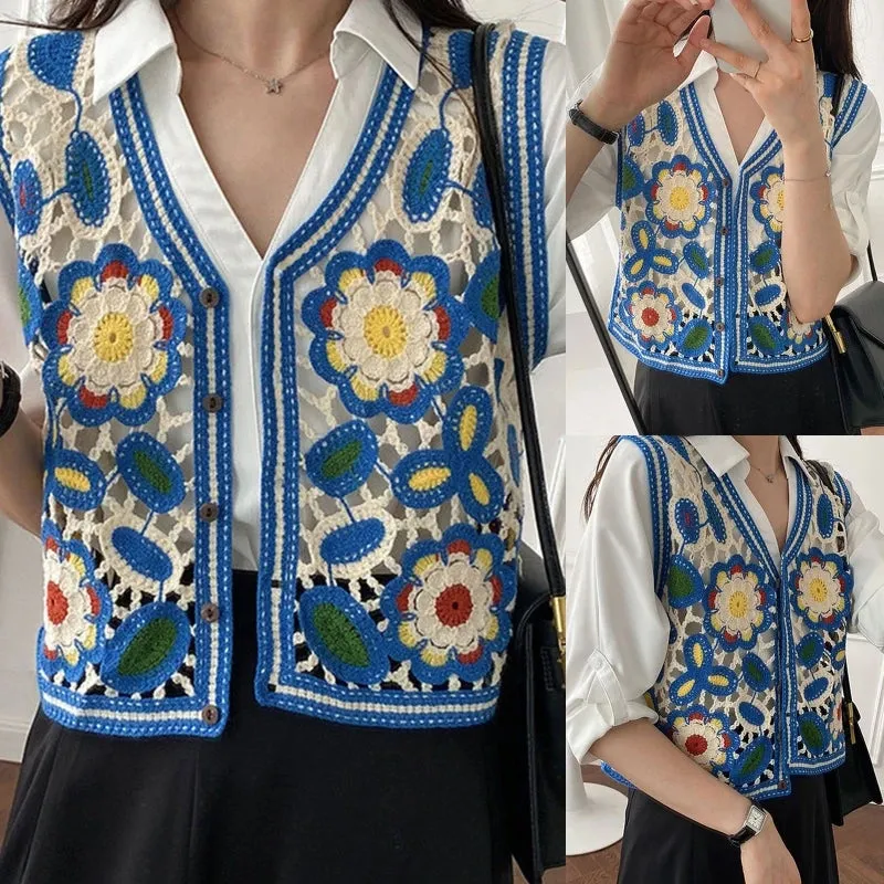 Lovely Women Summer Waistcoats Sleeveless Button Down Crochet Ins Floral Knit Cardigan Tops Ins Korean Female Outerwear M6CD