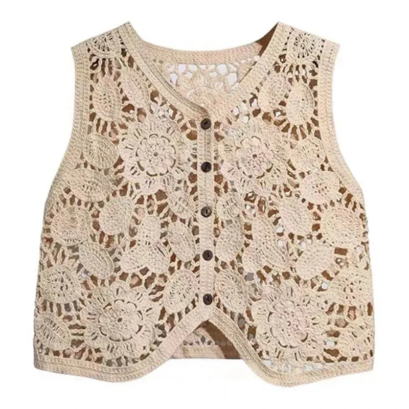 Lovely Women Summer Waistcoats Sleeveless Button Down Crochet Ins Floral Knit Cardigan Tops Ins Korean Female Outerwear M6CD