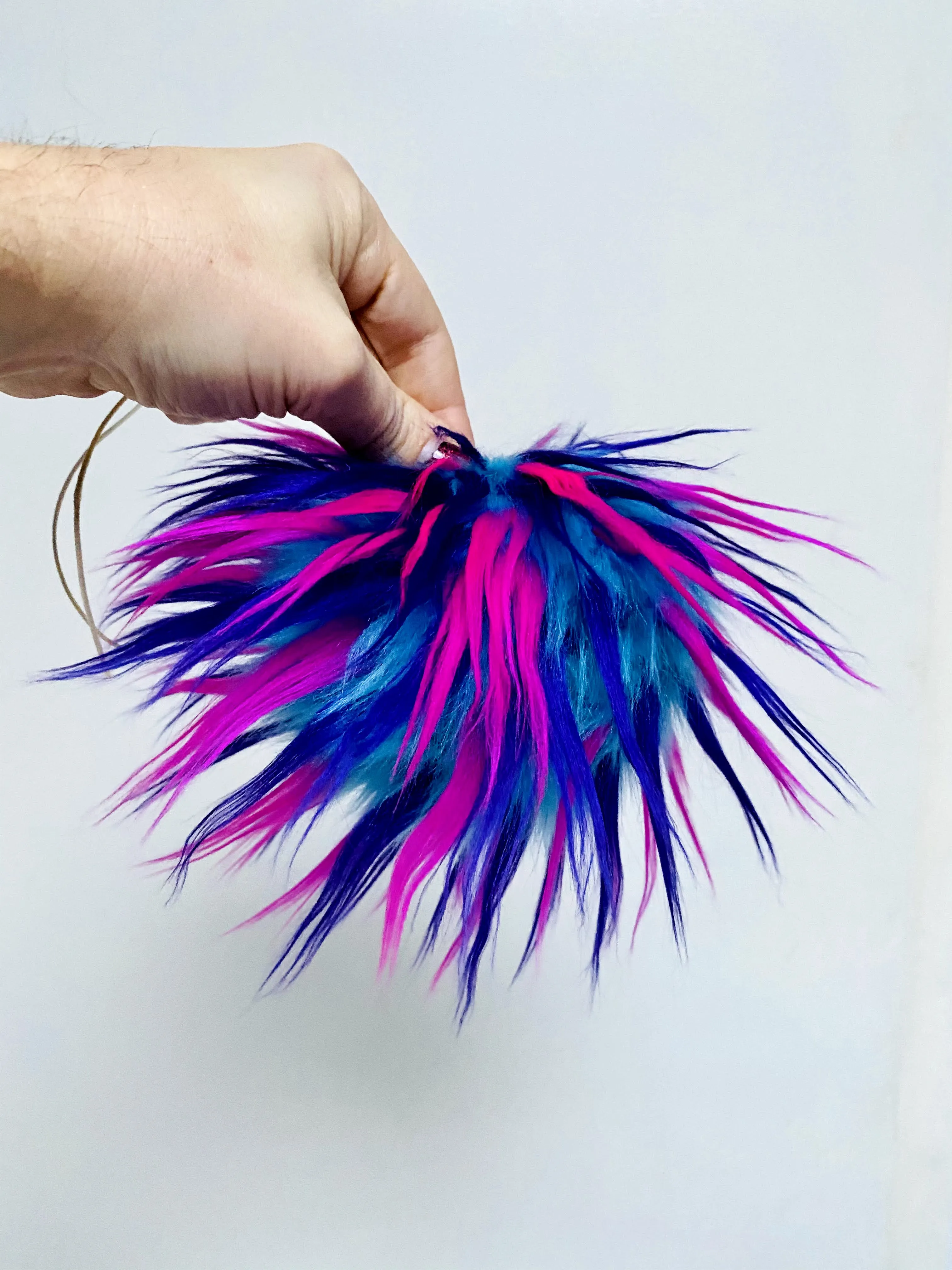 MADE TO ORDER Fun and funky crazy teal hot pink purple faux fur pom pom with wooden button