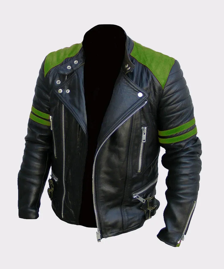 Mens Classic Vintage Motorcycle Green Real Leather Jacket