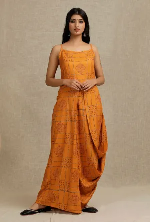 Mustard Hand Block Printed draped styled long Dress