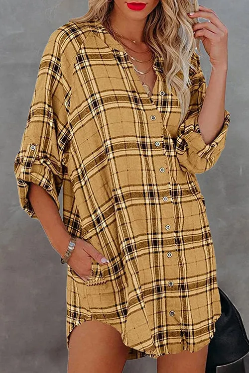 Plaid Pockets Button Up Shirt Dress