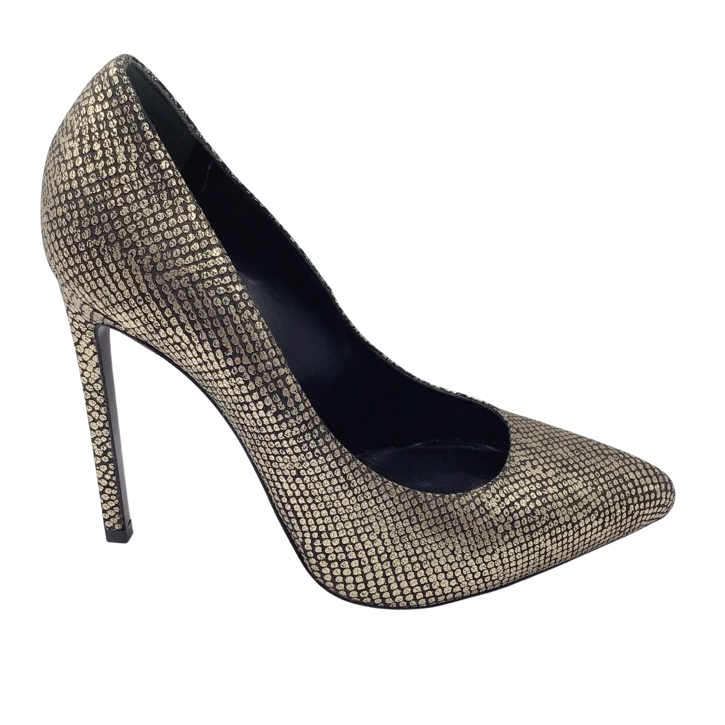 Saint Laurent Sahara Black / Gold Metallic Pointed Toe Snake Print Pumps