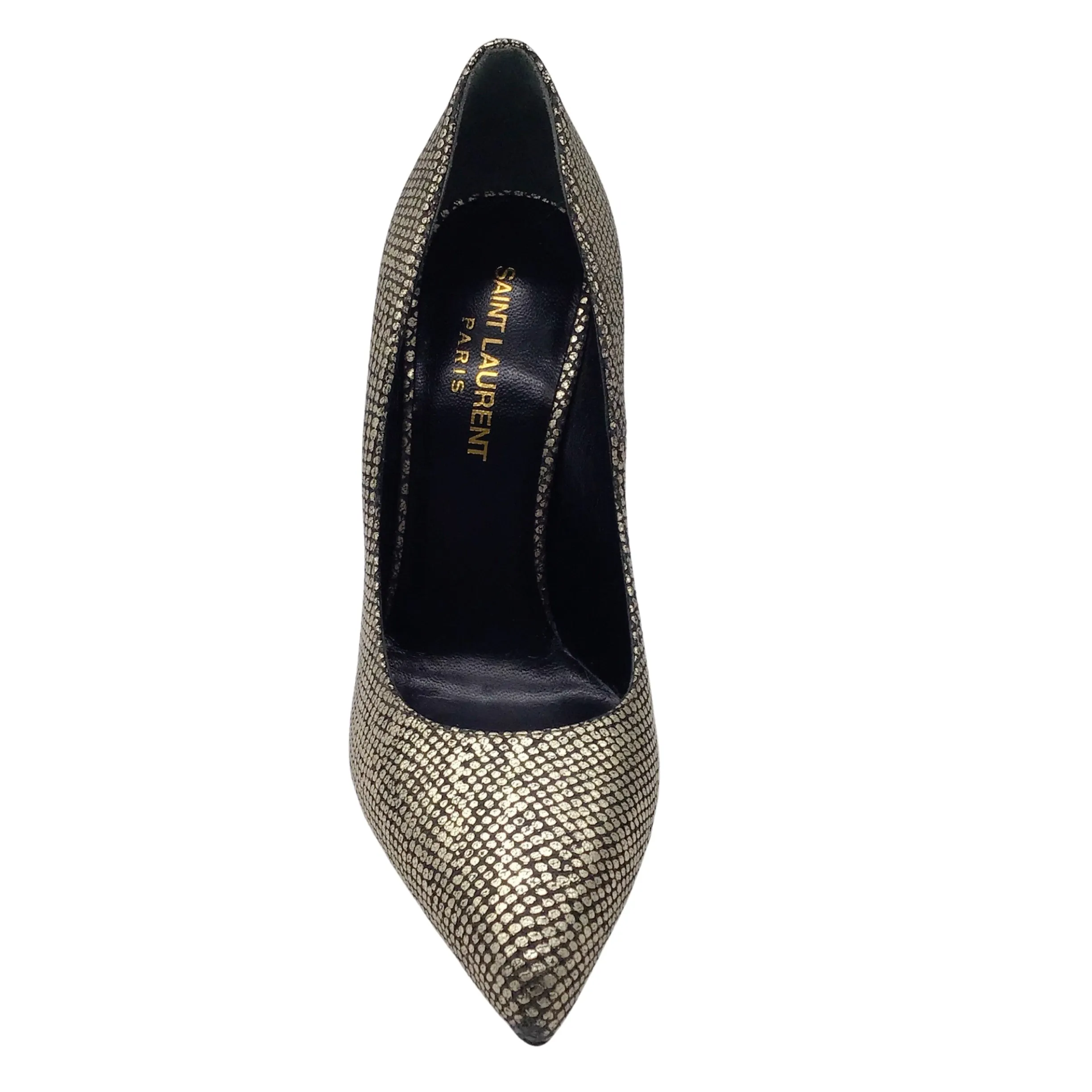 Saint Laurent Sahara Black / Gold Metallic Pointed Toe Snake Print Pumps