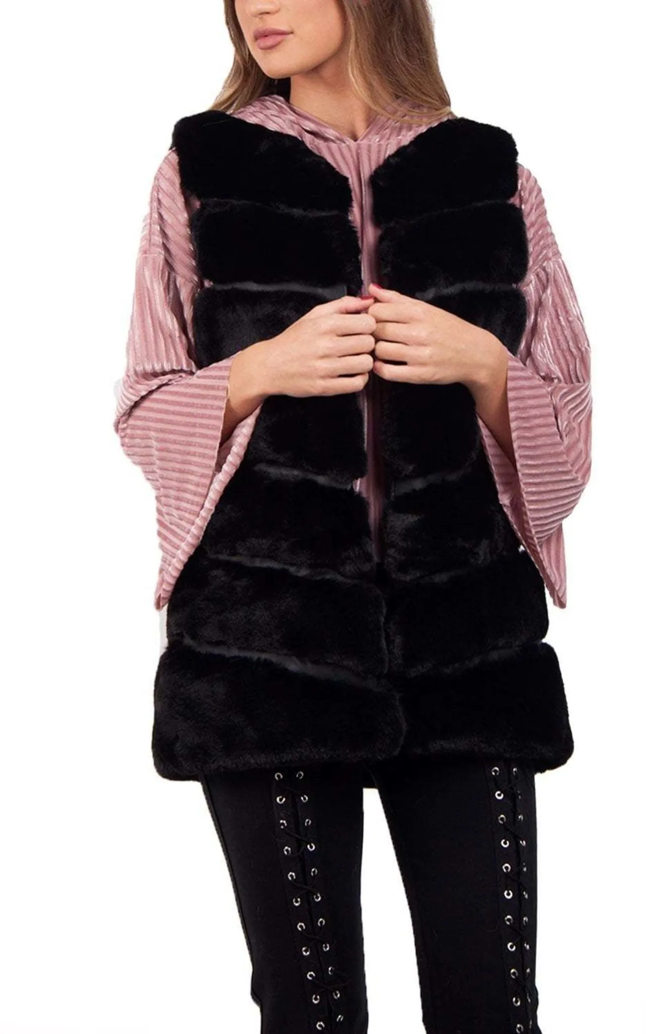 Ultra Soft Chevron Faux Rabbit Fur Leather Panel Gilet