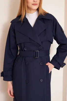 Women's Long Trench Coat with Double Collar Detail - Navy Blue - SCB-W12391