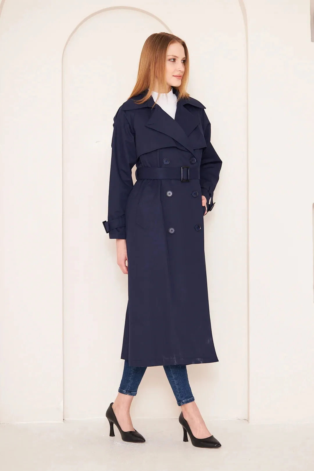 Women's Long Trench Coat with Double Collar Detail - Navy Blue - SCB-W12391