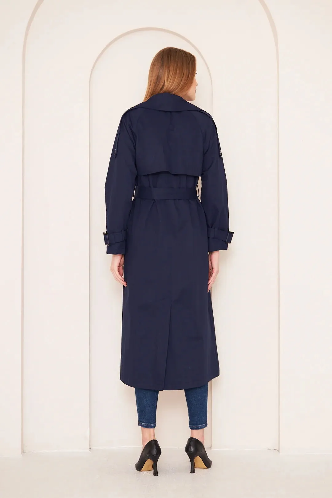 Women's Long Trench Coat with Double Collar Detail - Navy Blue - SCB-W12391